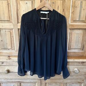 ASTR The‎ Label Size Medium Black Sheer Blouse V-Neck Smocked Tassel Monique